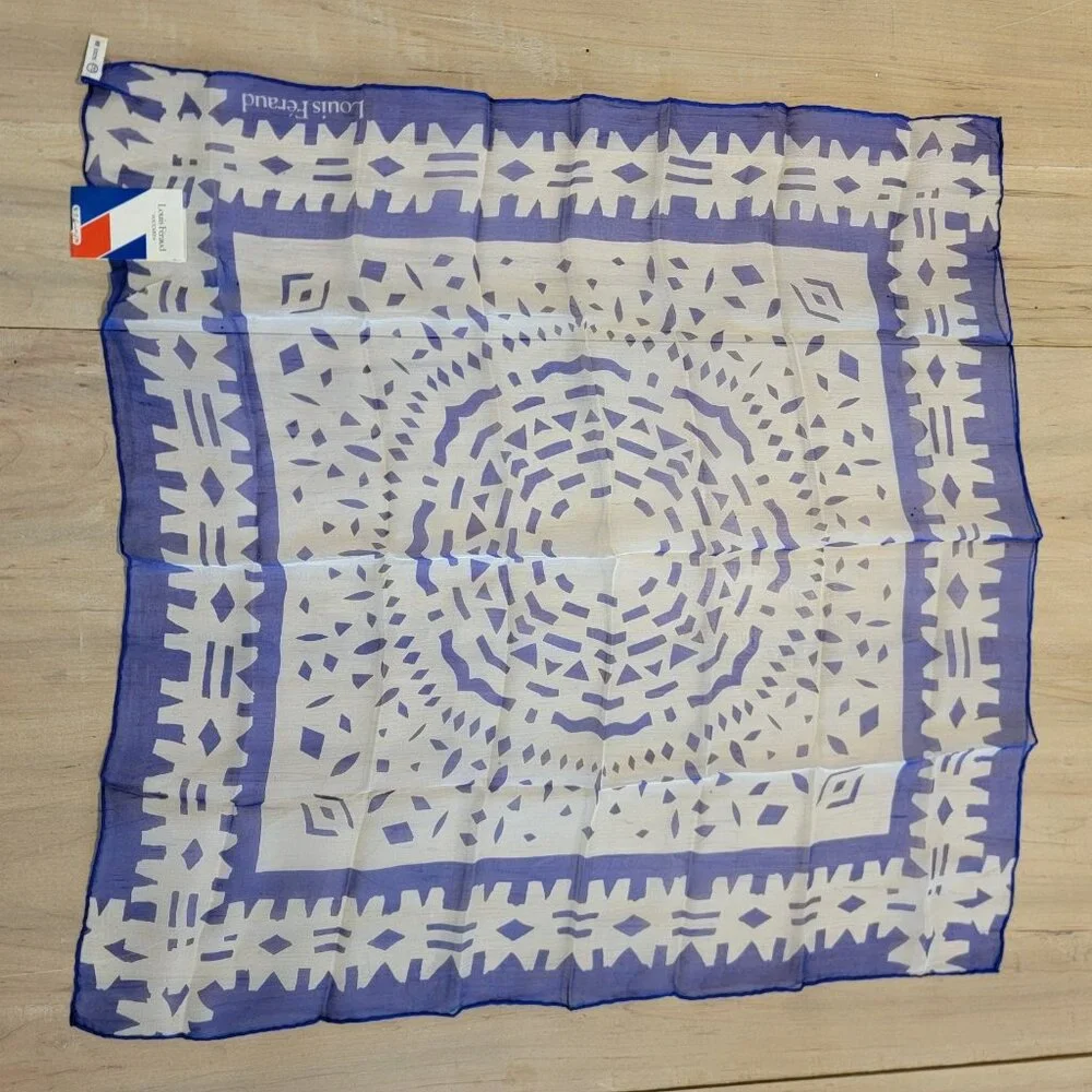 Vintage Louis Feraud Silk Scarf Blue White Geometric Print 22